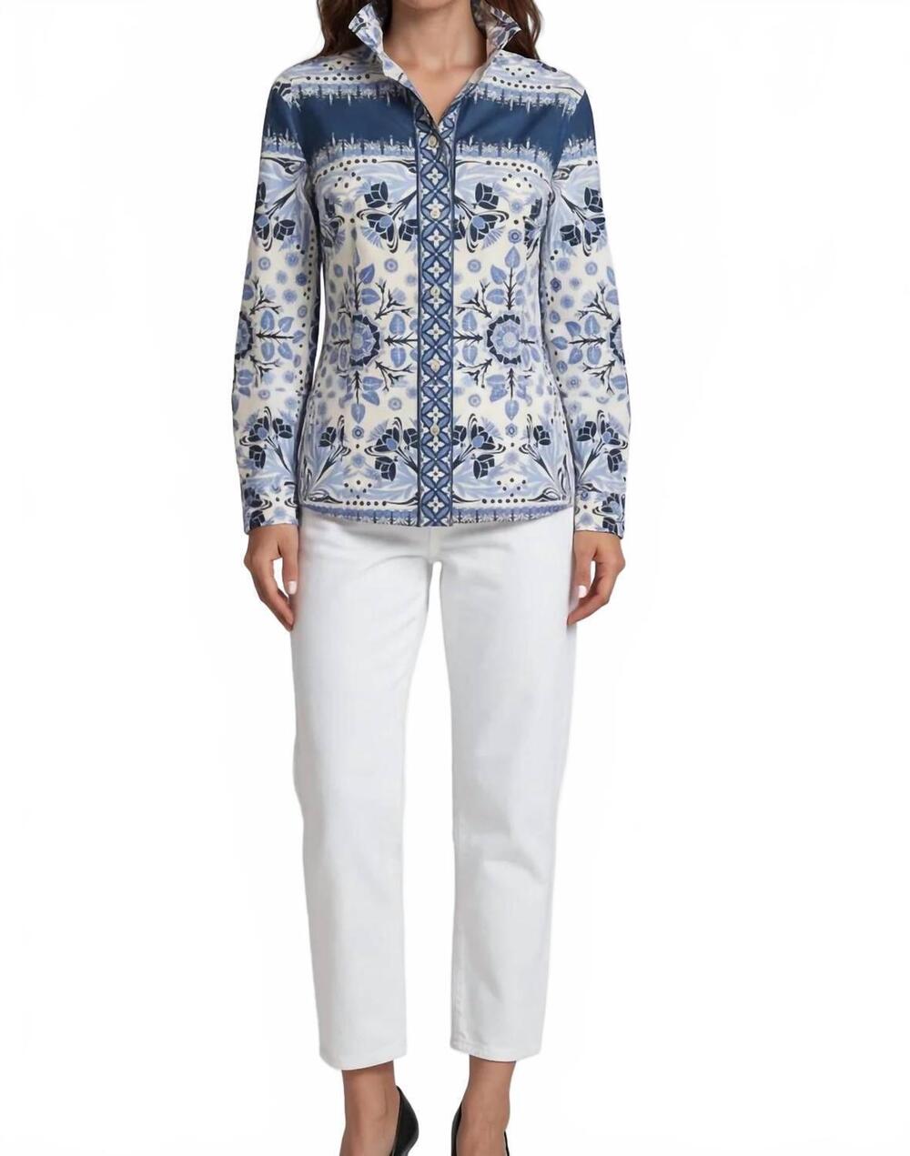 NEW PATTY KIM elizabeth long sleeve blouse in etro white/navy